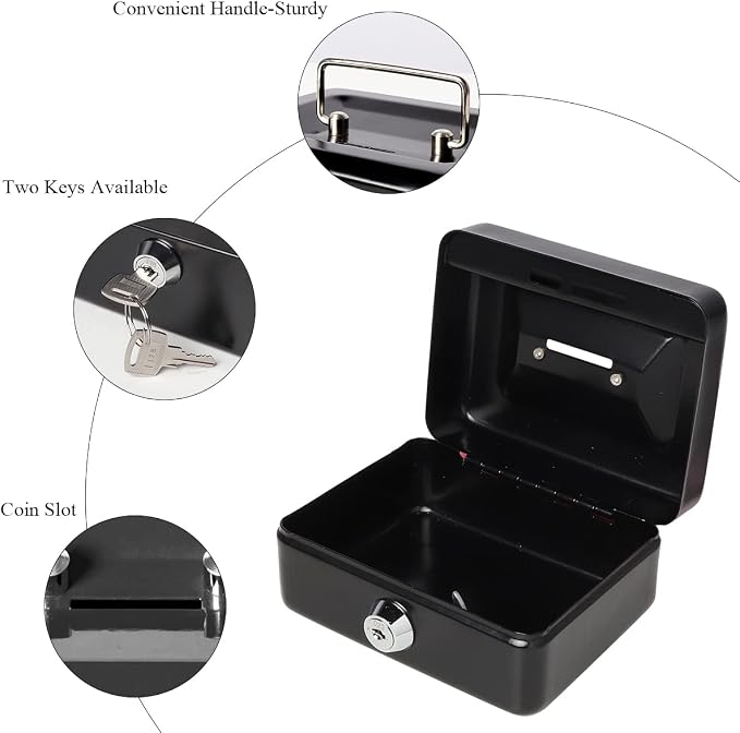 Small Cash Box with Lock and Slot - Jssmst Metal Coin Bank Small Lock Box, Black(SMCB0301N)