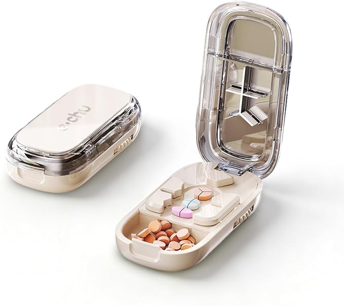 Pill Cutter Splitter for Small and Tiny Large Pills,Adjustable Pill Splitter Push-Button Cuts into 1/2, 1/3, 1/4，Comes with a Small Brush and a Medicine Storage Box (Cream, 1/2, 1/3, 1/4 Slices)
