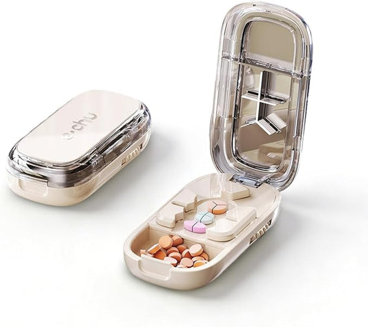 Pill Cutter Splitter for Small and Tiny Large Pills,Adjustable Pill Splitter Push-Button Cuts into 1/2, 1/3, 1/4，Comes with a Small Brush and a Medicine Storage Box (Cream, 1/2, 1/3, 1/4 Slices)