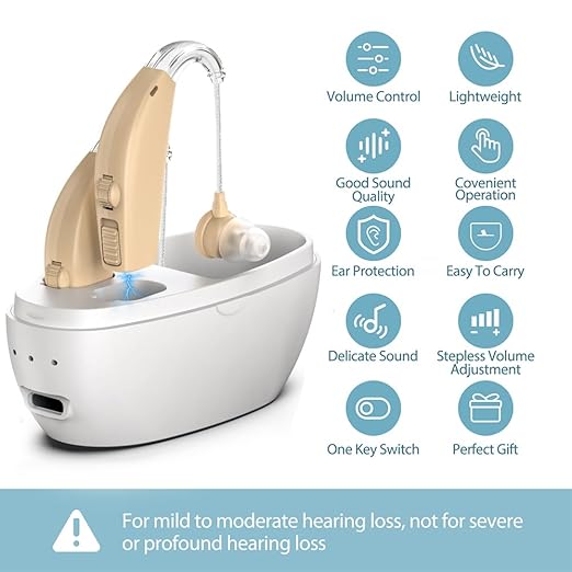Updated Hearing Aids for Seniors,Rechargeable Hearing Aids with Noise Cancelling,Adjustable Volume Control,One Pair He-aring Amplifier with Charging Box(White)