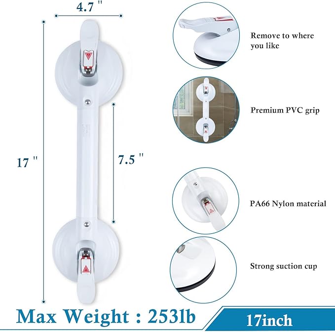 17inch Suction Shower Grab Bar, Portable Shower Handle Bar Suction Grip Bar Bathtub Handle with Strong Hold Suction Cup Fitting and Rapid Release for Bathroom(Max Capacity :253lb
