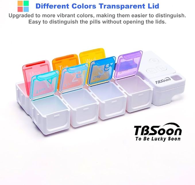 7 Day Medicine Pill Organizer, 4 Reminder Alarms, Loud Sound, 7 Large Compartments, Large Screen, Moisture-Proof, Dust-Proof, Travel Weekly/Daily Pill Box/Organizer/Case/Container/Dispenser, TBSoon