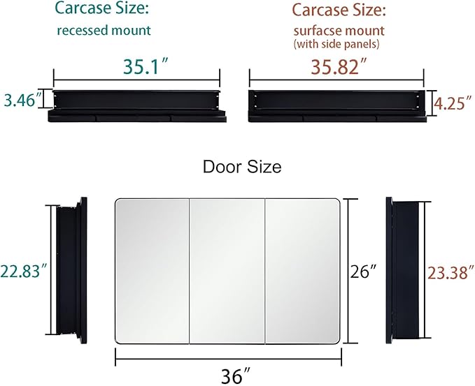 Bathroom Mirror Medicine Cabinet with Round Corner Framed Door 36 x 26 inch, Black，Recessed or Surface Mount, with Adjustable Glass Shelves