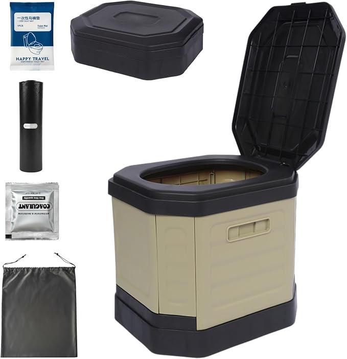 Upgrade Portable Toilet for Adults, Travel Floding Toilet with Lid for Adults & Kids, Camping Toilet Portable Potty for Hiking,Car,Beach and Camping (Khaki, Medium)
