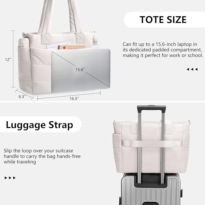 Puffer Tote Bag for Women Quilted Nurse Bag Lightweight Work Bag for Teacher Travel Handbag with Multiple Pockets