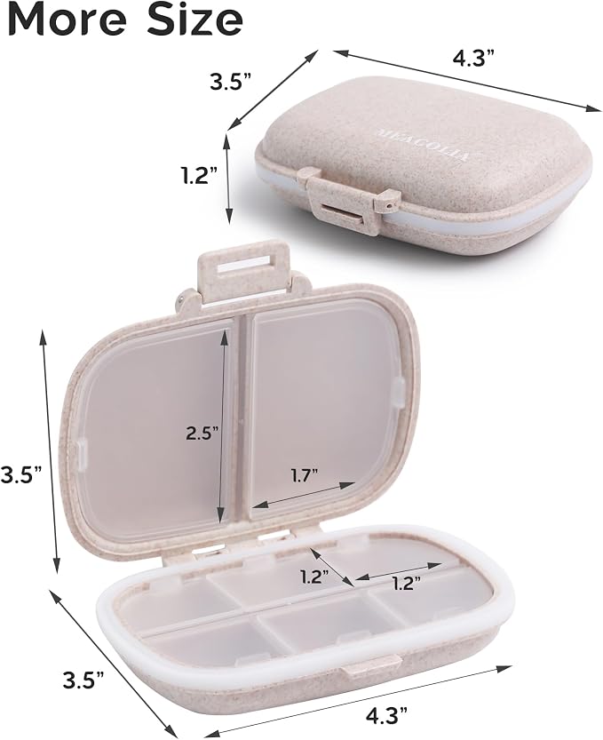 8 Compartments Travel Pill Organizer, Daily Pill Case Small Pill Box for Pocket Purse, Portable Pill Container Medicine Vitamin Organizer (Khaki)
