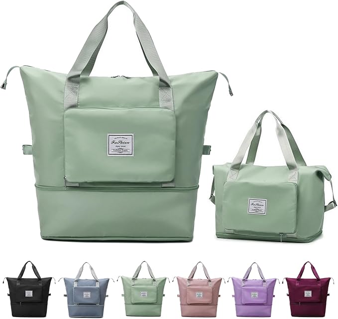 Large Capacity Folding Travel Bag, Lightweight Waterproof Luggage Bag, Expandable Travel Duffel Bag, Dry Wet Separated Gym Tote Bag, Weekender Overnight Bags for Women and Man (Light Green)