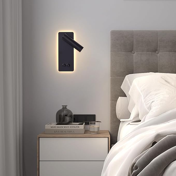 Wall Mounted Reading Light for Books in Bed, Bedside Wall Lamps with 3 Dimming, 350°Rotation Plug in Wall Sconce, Upgrade Headboard Bedside Lamp for Bedroom Living Room (Black)