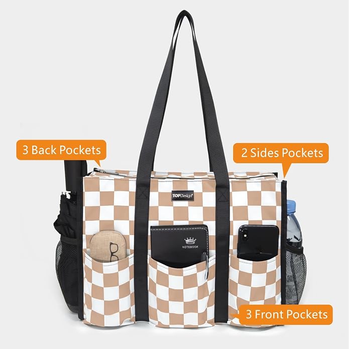 TOPDesign Utility Water Resistant Tote Bag with 13 Pockets, Top Zipper Closure & Thick Bottom Support, for Working Women