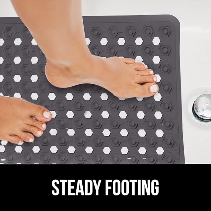 GORILLA GRIP Patented Bath Tub Shower Mat, Machine Washable Bathtub Floor Liner Mats, Suction Cups and Drain Holes to Keep Tubs Clean, Soft on Feet, Bathroom Essentials, 35x16 Inch, Charcoal Opaque