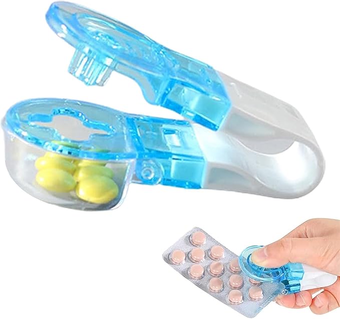 Blue Portable Pill Taker, Tablets Pills Blister Pack Opener Assistance Tool, Pill Splitter Cutter for Small Pills, Travel Pill Taker, Pill Dispenser, Storage Box Medication Dispenser, Medication Aids