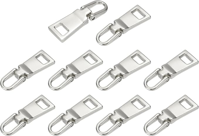 uxcell 10pcs Zipper Pull, 1.12 Inch Zinc Alloy Zip Puller Zipper Pull Replacement Sewing Zippers Tapes for Luggage Clothing Jackets Backpacks Boots, Stainless Steel Color