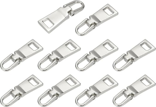 uxcell 10pcs Zipper Pull, 1.12 Inch Zinc Alloy Zip Puller Zipper Pull Replacement Sewing Zippers Tapes for Luggage Clothing Jackets Backpacks Boots, Stainless Steel Color