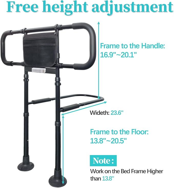 Bed Rails for Elderly Adults Safety with Light Adjustable Heights Storage Pocket Assist Support Side Railings for Seniors Citizens Slides Under Mattressbed Cane Bed Guard (Black with Warm Light)