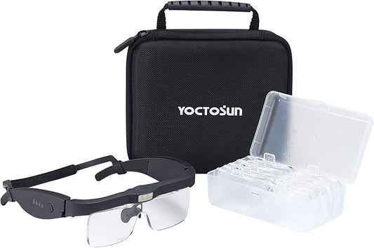 YOCTOSUN Magnifying Headset with 3 LED Lights, Storage Case, Head Strap and 5 Detachable Lenses 0.75X,1.25X,2.0X,3.0X 4.0X, Magnifying Glasses for Close Work, Jewelry, Hobby
