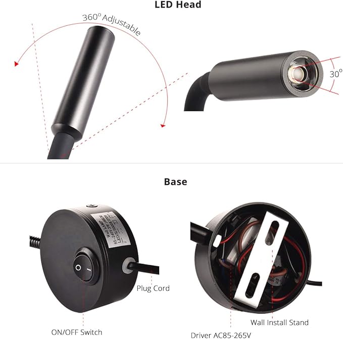 Black Bed Reading Lamps Sconce Wall Mounted Working Focus Light Bedside Headboard Flexible Gooseneck Corded Home Hotel use