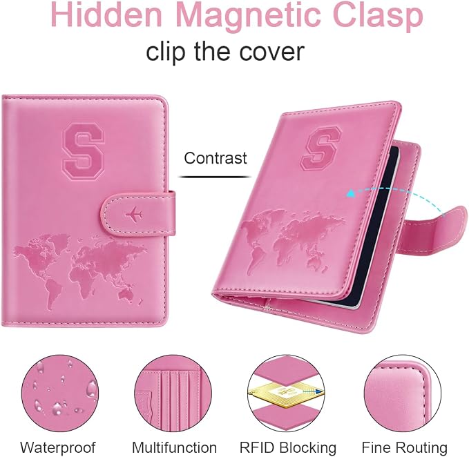 Passport Holder Cover Initial Letter A-Z Travel Wallet Personalized | Travel Essentials, Embossed Design, RFID Blocking, Personalized Gift, Passport Book Holders for Women Girls, Pink-S