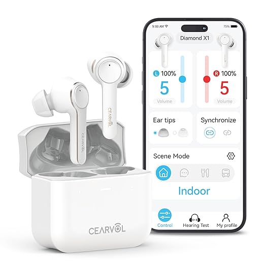 Cearvol Diamond X1 OTC Hearing Aids with Bluetooth Rechargeable App Control Noise Reduction Long Battery Life Comfort Fit for Mild to Moderate Hearing Loss, White