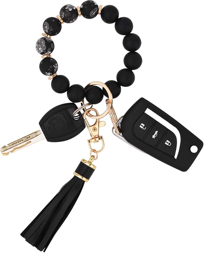 BAOSIWA Silicone Beaded Bracelet Keychain Wristlet Key Ring Bangle Chains for Women with Leather Tassel