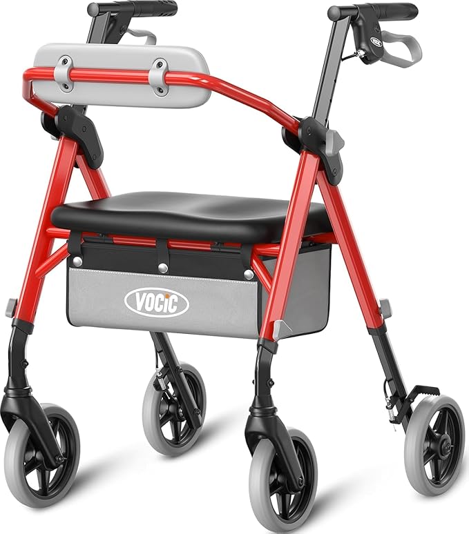 VOCIC Z11 Rollator Walker for Seniors with Seat, 380 LBS | Lightweight Design with Ergo Seat & Backrest, Height Adjustable & Easily Foldable for Seniors' Mobility, Blue