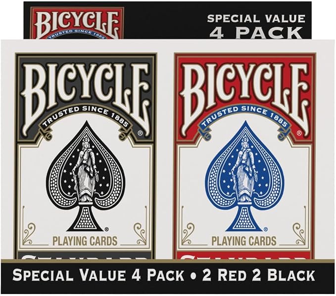 Bicycle Playing Cards 4 Pack Standard Index Poker Size Red and Black | Air Cushion Finish, Made in USA, 2 red and 2 black decks, 52 cards plus 2 Jokers per deck, For all card games