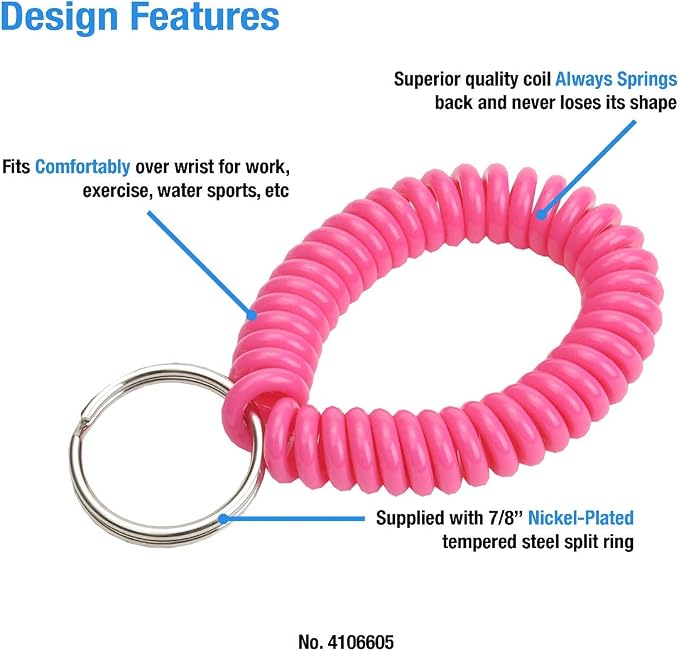 Lucky Line 2” Spiral Wrist Coil with Steel Key Ring, Flexible Wrist Band Key Chain Bracelet, Stretches To 12”, Neon Pink, 5 Pack (4106605)
