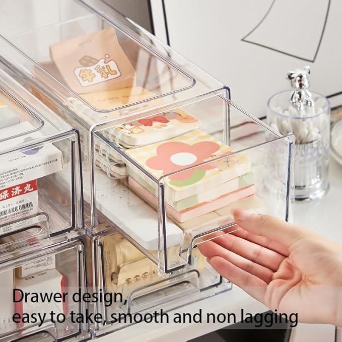 Pull Out Drawer Medicine Box for Safe Medication Storage, Large Refrigerator Storage Bin for Kitchen Food Safe, Tablet Box for Kids Home/Office Organize Ointments,2 Pack - Clear（ Medium）