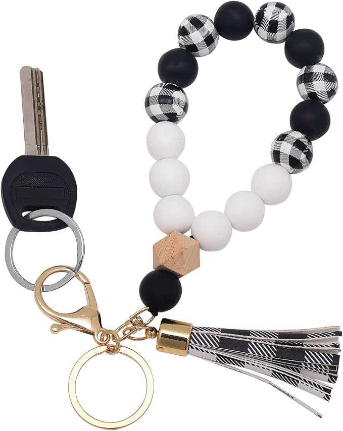 BAOSIWA Silicone Key Ring Bracelet Wristlet Keychain Unique Beaded Bangle Key Chains for Women with Leather Tassel