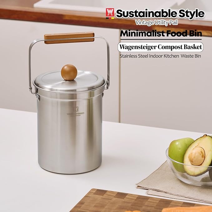 WAGENSTEIGER Kitchen Countertop Compost Bin 101ounces / 3Liters with Airtight Lid, SUS304 Stainless Steel Odor-Free Food Waste Bin with Wooden Handle Stylish Design/Bathroom Trash Can (Silver)