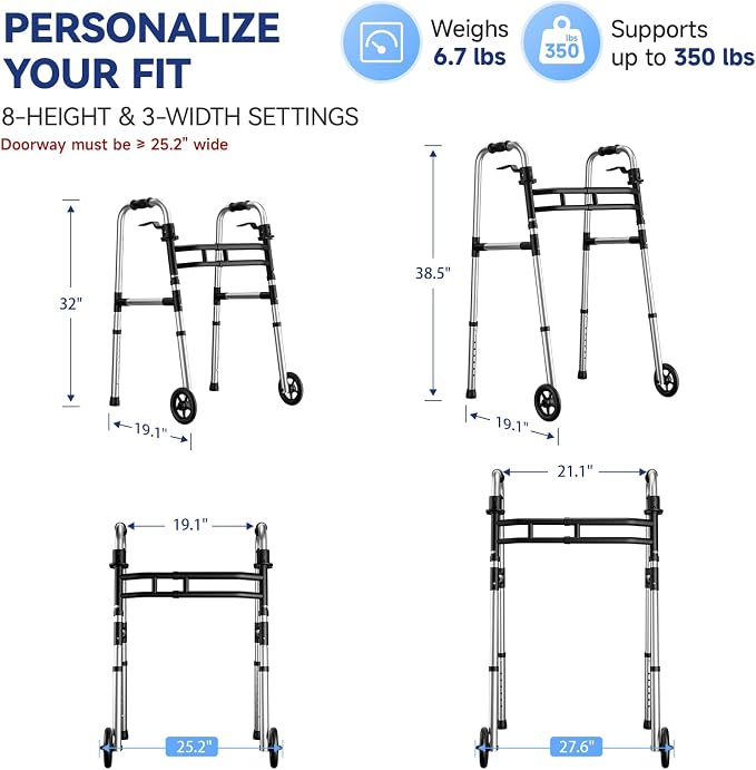 Loyoda Folding Walkers for Seniors Adjustable Aluminum Front Wheel Walker | 5" Wheels, Trigger Release Folding, Height & Width Adjustable, Lightweight Standard Walker, 350 lbs Capacity, Silver