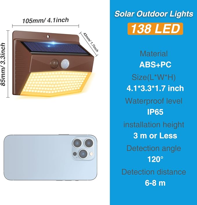 12 Pack Solar Motion Sensor Lights Outdoor Waterproof with 3 Modes | Warm White, Brown Frame, LED, Solar Powered, Security Lighting for Outside Wall Garden Fence Yard Deck Patio Garage