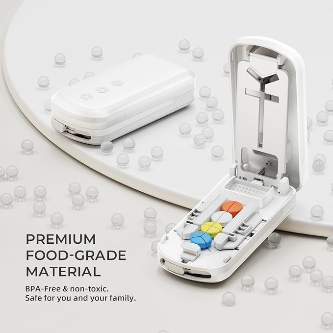 Betife Pill Cutter Splitter for Small & Tiny Pills, Precise 1/2 1/3 1/4 Tablet Cutter with Adjustable Centering, Portable Pill Splitter with Safety Guard & Built-in Storage
