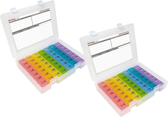 7 Times a Day Weekly Pill Box Organizer Case, Secure 7X Pillbox with Medication Schedule (7 Time-a-Day 2 Pack)