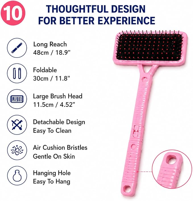 Back Scratcher Extendable Pink Folding Handle for Men Women | Long reach folding handle with soft bristles for back shoulders legs and everyday personal care use at home or travel