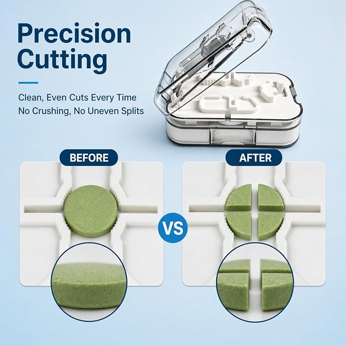 Pill Cutter Splitter for Small Tiny Large Pills at Once with Accurate and Professional Sharp Blade but Safe, Cuts 1/2, 1//3, 1/4 One-Hand Operation Portable Tablet Cutter, BPA Free (White)