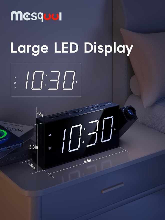 Mesqool Digital Projection Alarm Clock with Dual Alarms, 5 Levels Dimmer | Plug-in Clock with 180° Projection on Ceiling Wall,Battery Backup,12/24H & DST, USB Charging Port,Snooze for Heavy Sleepers