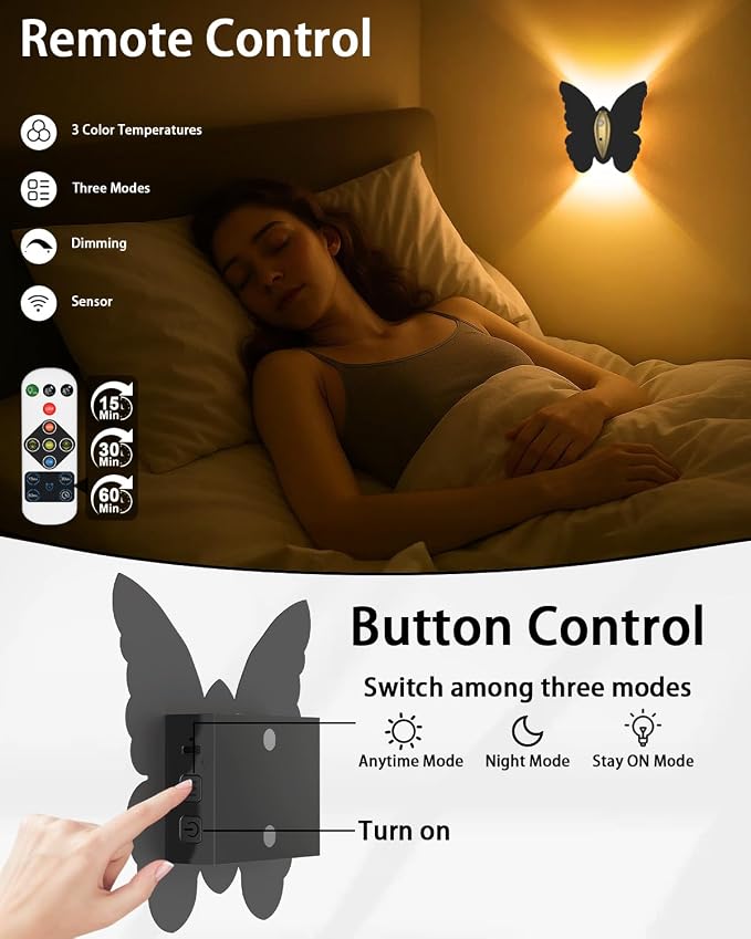Eneru Motion Sensor Wall Sconce, Rechargeable Wall Light Wireless Indoor | 5000mAh Battery Operated Wall Sconce, Motion Activated, Magnetic Butterfly Night Light for Hallway Stair Closet Pantry Porch