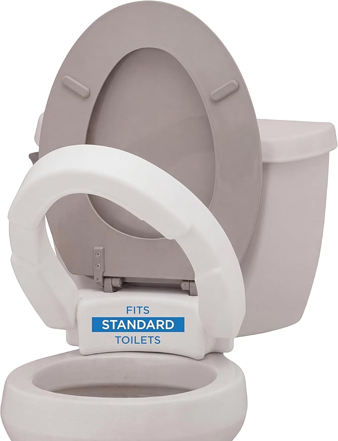 NOVA Medical Products Hinged Toilet Seat Riser, Lift Up and Down Raised Toilet Seat (For Under Seat), For Standard Seat, White, 1 Count (Pack of 1)