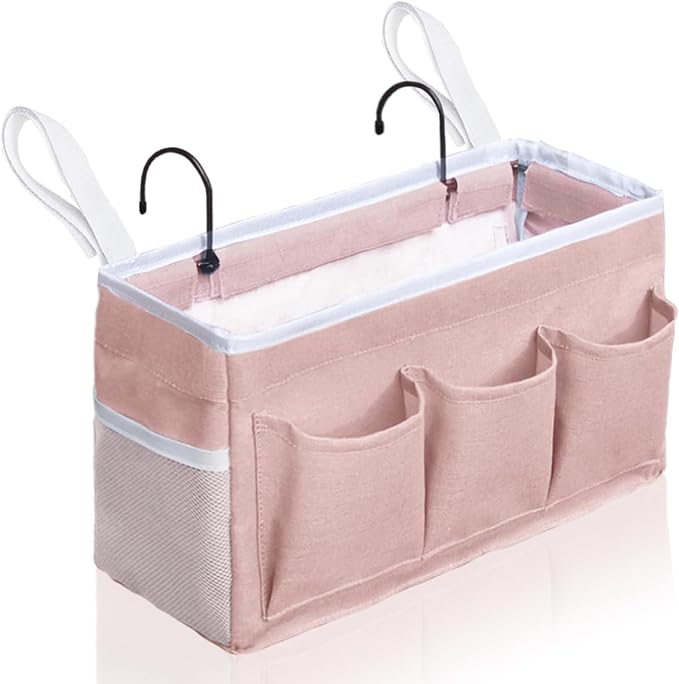 Kanrichu Bedside Caddy Hanging Storage Bag, Organizer Baskets with Pockets for Bunk Bed Accessories, Loft & Dorm Rooms Chair Bed Rails (Pink-1pcs)
