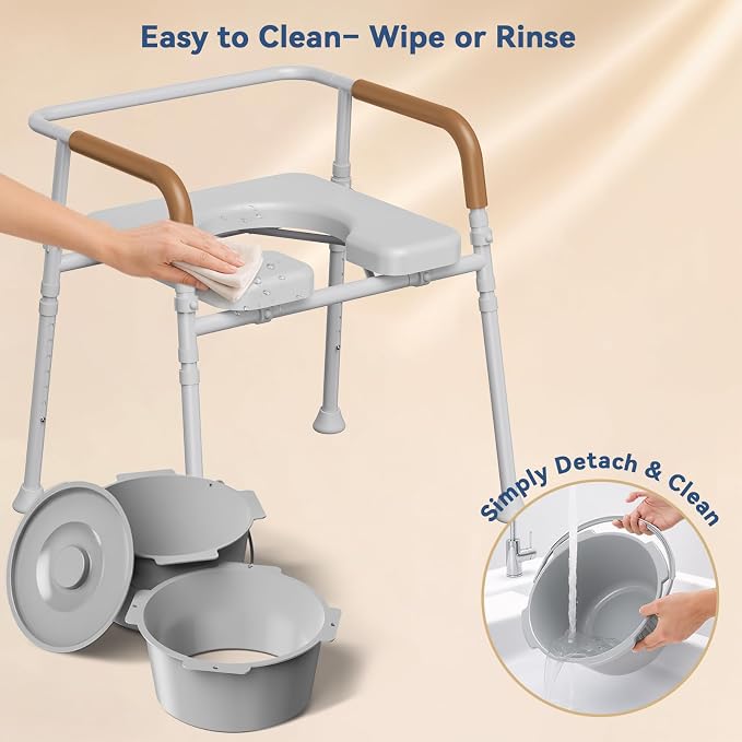 Bedside Commode for Seniors, 6.3 QT Removable Bucket & Splash Guard | 3-In-1 Potty Chair With Adjustable Height, Tool-Free Assembly, 350 Lbs Capacity, Portable Toilet For Adults & Post-Op Users