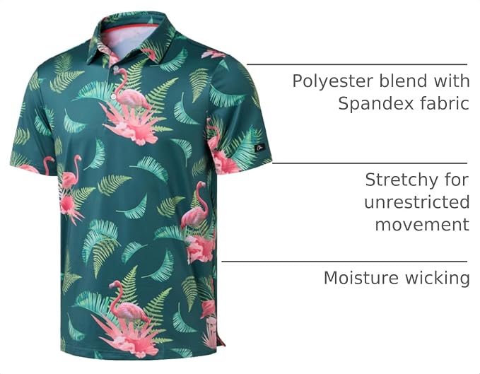 Obla Mens Golf Polo Shirts Short Sleeve Dry Fit Performance Moisture Wicking Casual Print Collared Golf Shirts for Men