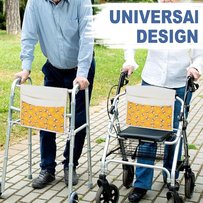 TOGETRUE Walker Bag, Easy Access Walker Storage Basket with 2 Large Pockets, Walker Accessories Bag for Folding Walker, Wheelchairs, Strollers, 13"x14.5" (Bees)
