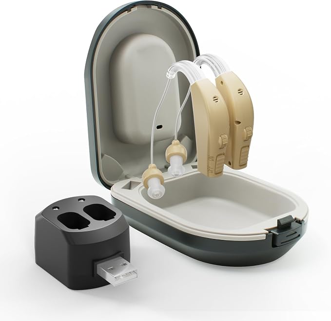 Hearing Aids for Seniors Rechargeable Invisible Behind The Ear Design with 20H Battery DSP Noise Reduction OTC Hearing Aids for Mild to Moderate Hearing Loss Easy Volume Control Not Amplifiers