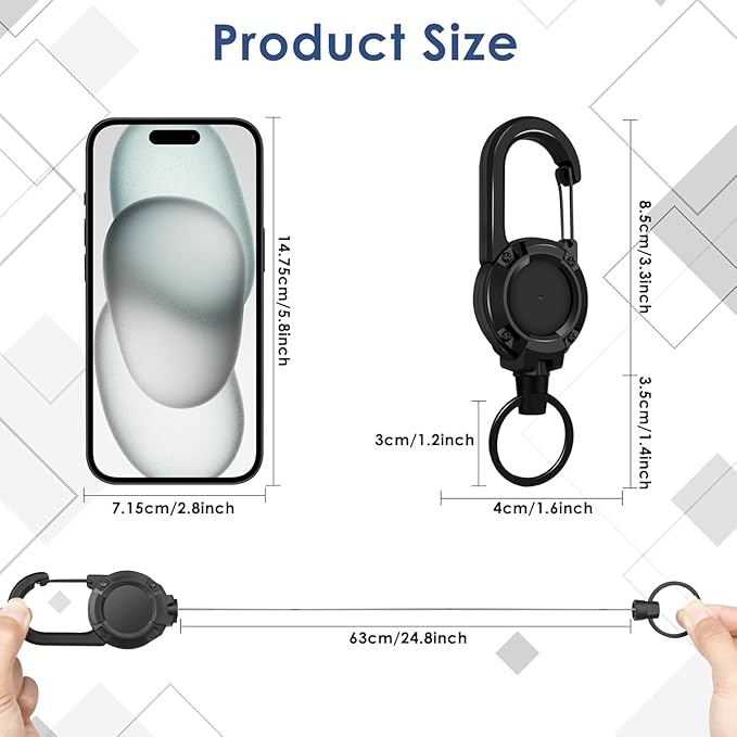 Retractable Keychain 4 Pieces Heavy Duty Carabiner Badge Holder Retractable Badge Reel ID Holder Extendable Key Ring Key Holder for 8 oz ABS Casing with 24 inches Steel Cord (Black)