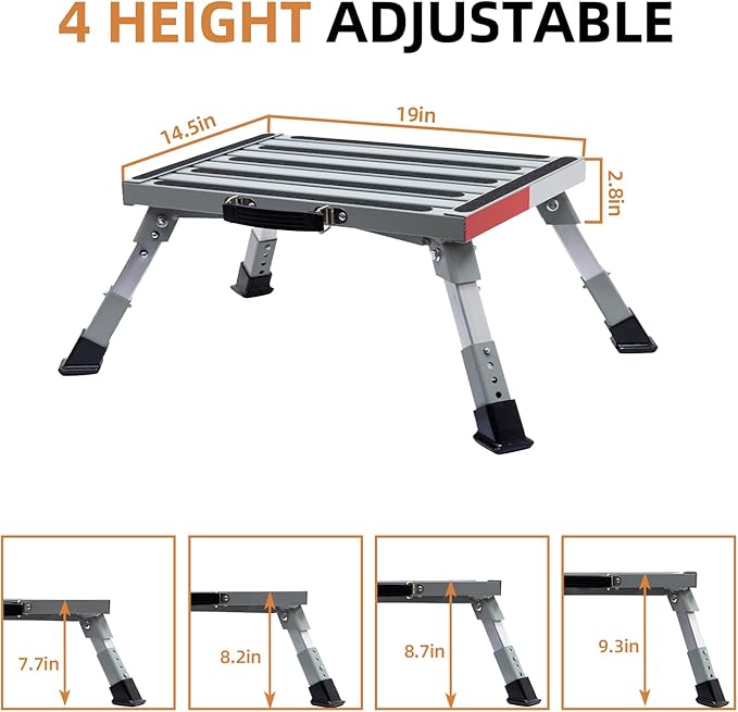 Homeon Wheels 19" x 14.5" Large RV Step Stool, Adjustable Height Aluminum Folding Platform Step and Ladder with Non-Slip Rubber Feet, More Stable Supports Up to 1,500lbs Safety RV Steps