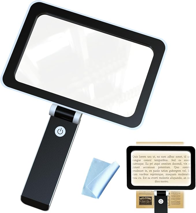 3X Magnifying Glass for Reading Handheld, Large Full Page Magnifier with Light, Lightweight Rectangular Book Magnifying Sheet for Reading Small Prints for Senior, Low Vision