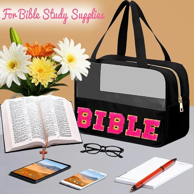 Chenille Pink Letter Bible Bag for Study Supplies Bible Cover Case for Women Girl, Church Bag for Bible Accessories with Handle and Zipper, Christian Gifts