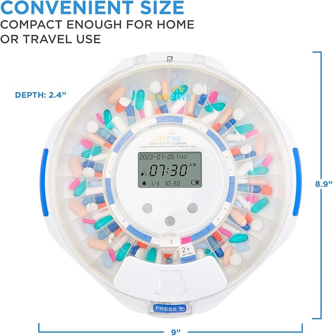 LiveFine Automatic Pill Dispenser with 28-Day Electronic Medication Organizer, 6 Dosage Rings, LCD Display with Sound & Light Alerts, Key & Magnifying Glass for Prescriptions, Vitamins & Supplements