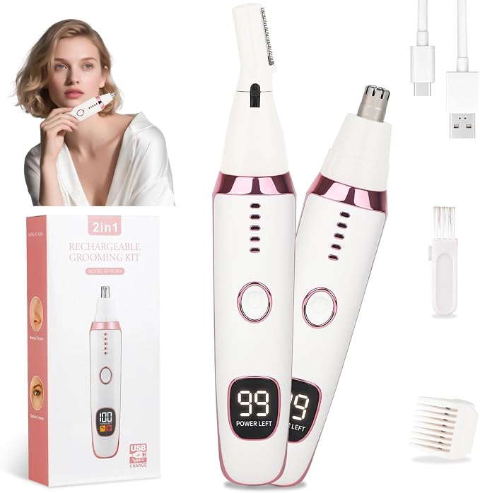 Nose and Ear Hair Trimmer for Women Men,2 in 1 LED Display Eyebrow Hair Trimmer with USB Rechargeable,2026 Portble Waterproof Facial Hair Removal with Dual-Edge Blades for Travel
