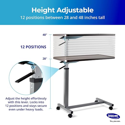 Invacare Bed Table, Height Adjustable & Tilting Overbed Table, Hospital Bedside Table, Medical Rolling Desk with Wheels, Waterproof Medical and Home Use L-Shaped Steel Base Over Bed Tray Table